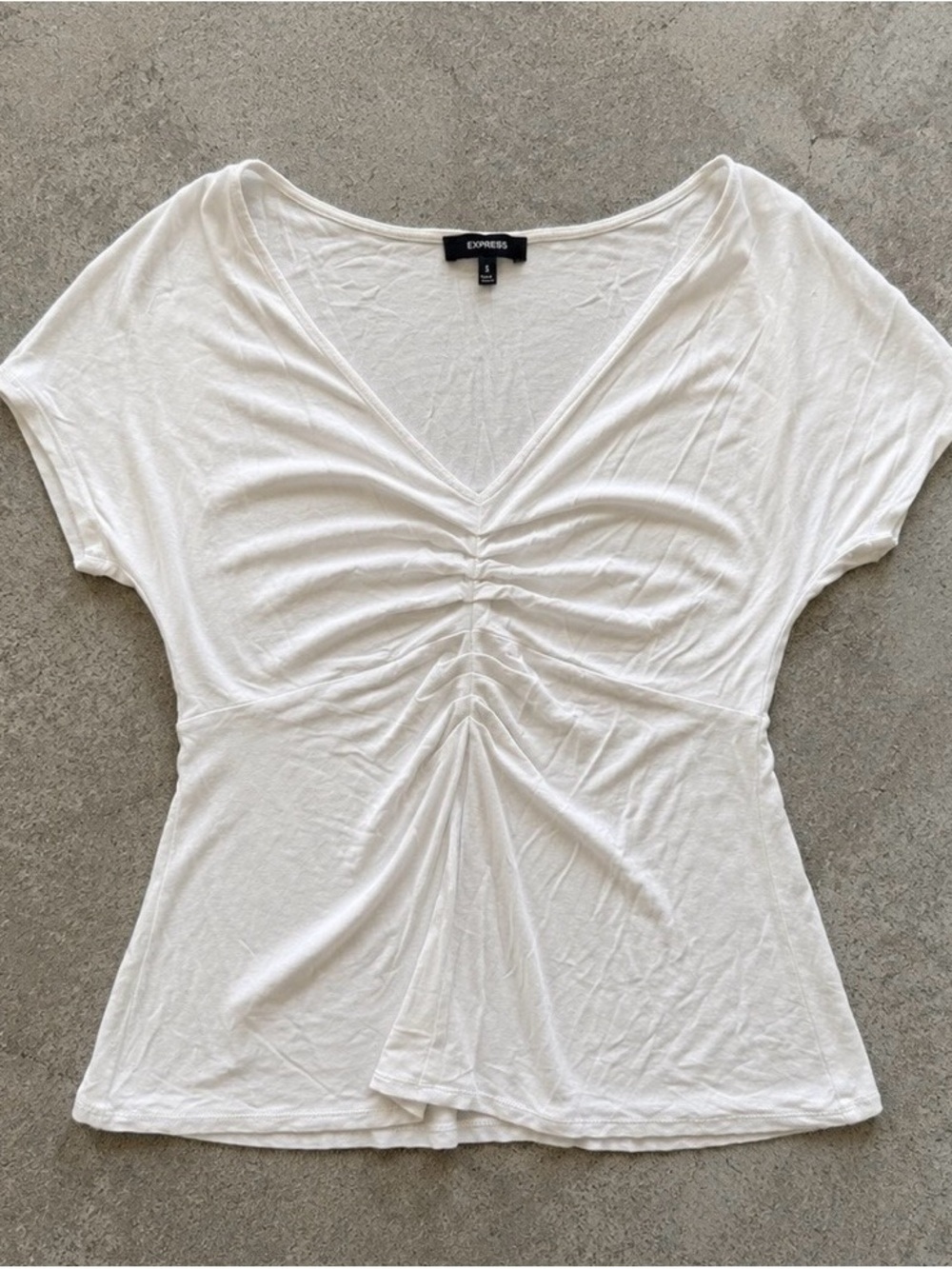 Express White Ruched V-Neck Short Sleeve Tee